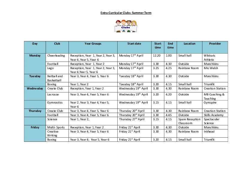 Enrichment Clubs Timetable  Summer Term 2023