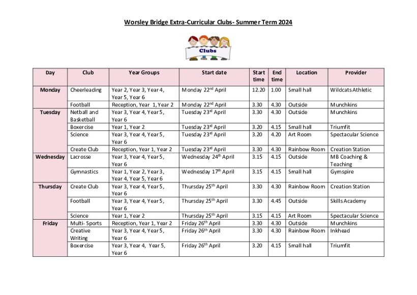 Enrichment Clubs Timetable  Summer Term 2024