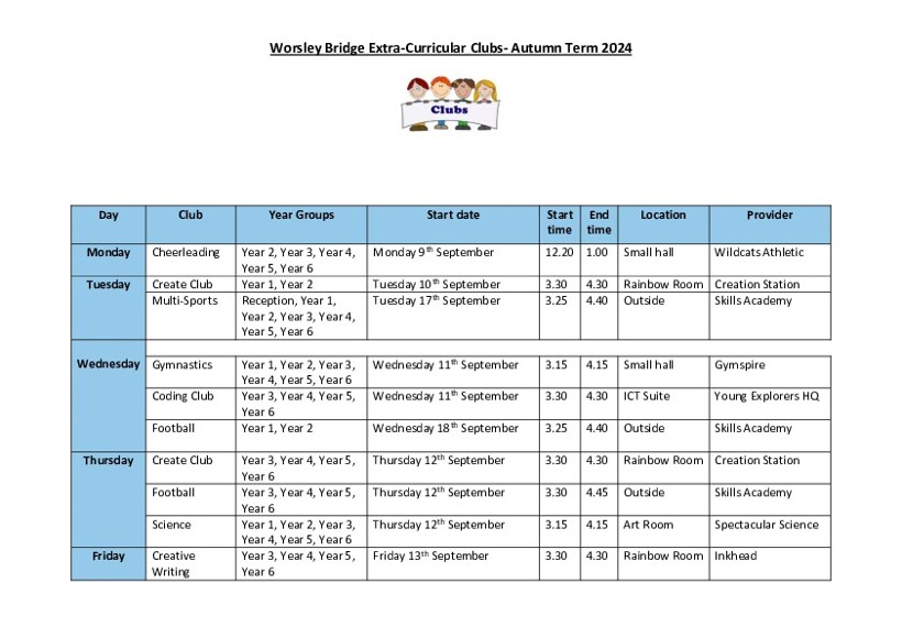 Enrichment Clubs Timetable  Autumn Term 2024