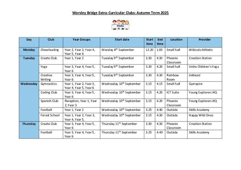 Enrichment Clubs Timetable  Autumn Term 2025