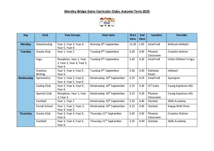 Enrichment Clubs Timetable  Autumn Term 2025