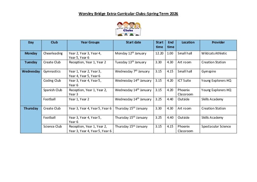 Enrichment Clubs Timetable  Spring Term 2026